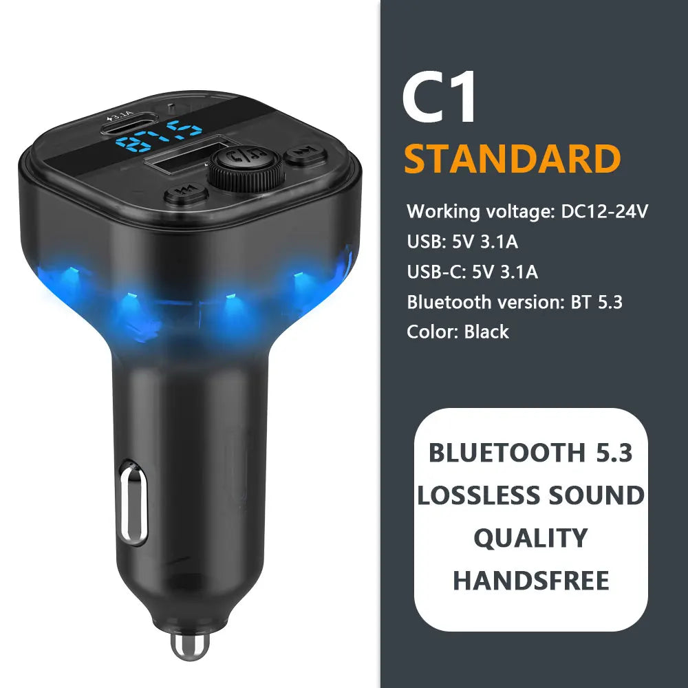 Bluetooth 5.3 Car FM Transmitter – Handsfree Wireless Audio Adapter with USB-C Fast Charging, MP3 Player & Auto Radio Modulator Car Kit for All Vehicles