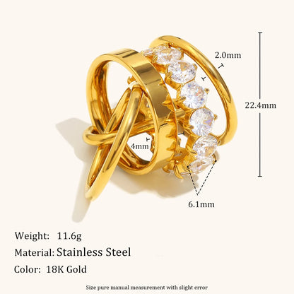La. Muses Luxury Multi-Layer Zircon Stainless Steel Women’s Ring, PVD Gold-Plated Trendy Gift Jewelry