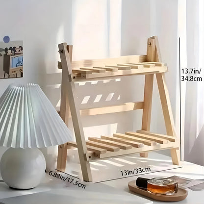 2-Tier Wooden Storage Shelf – Trapezoidal Desktop Organizer Rack for Office Stationery Display