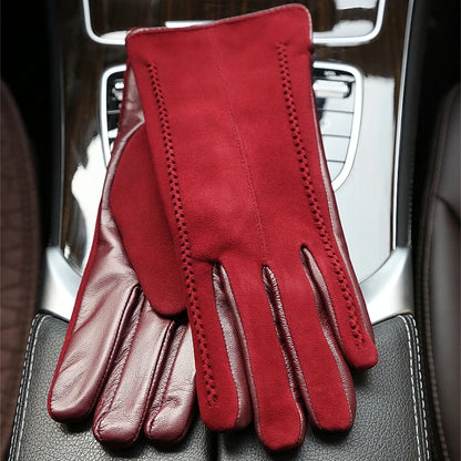 Women’s Winter Touch Gloves – 50% Genuine Leather & 50% Suede, Colorful Warm Leather Gloves