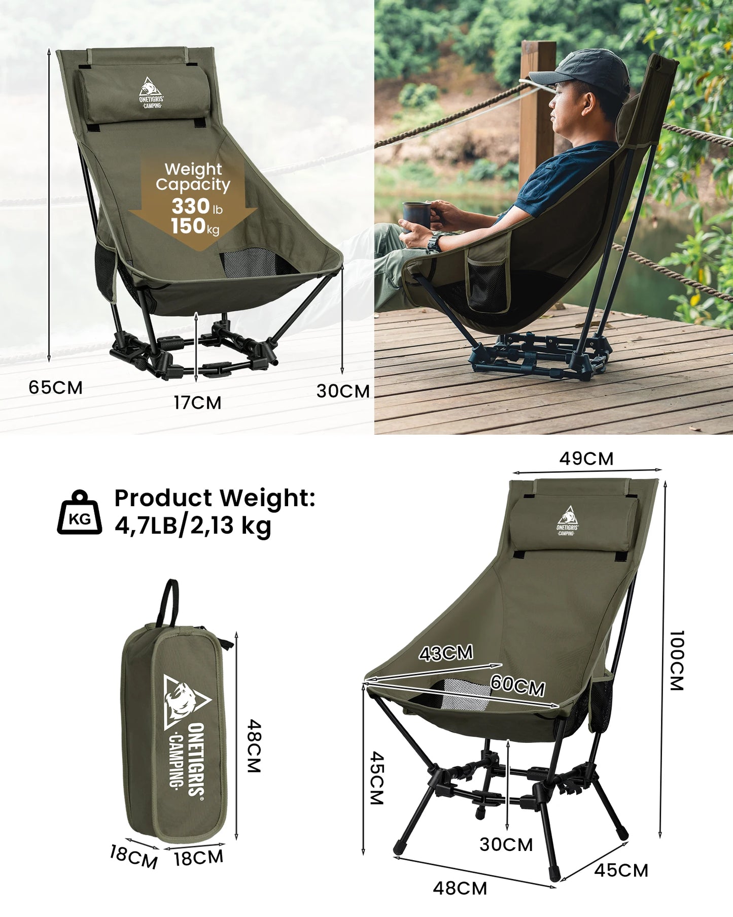 OneTigris Folding Camping Chair – Outdoor High Back Chair for Fishing, Trekking, BBQ, Beach & Gardening