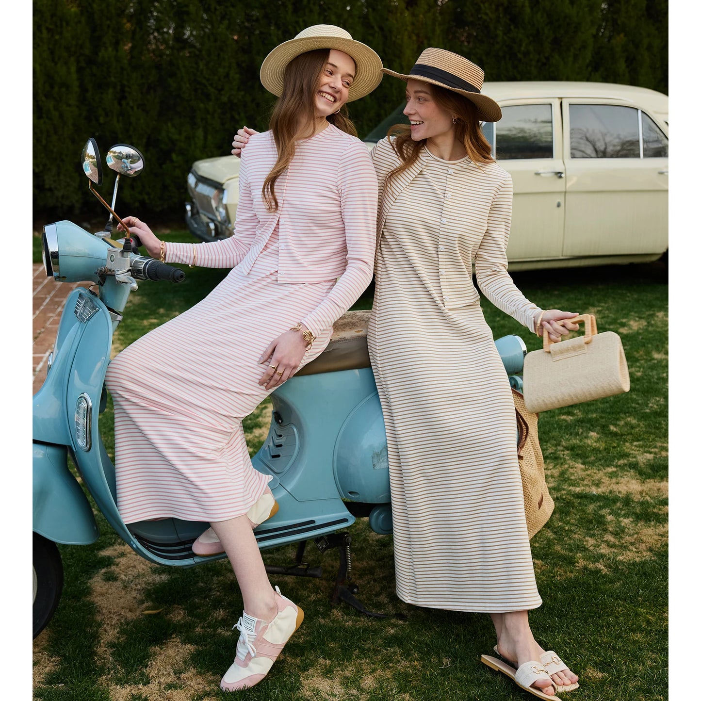 AP SS2026 Women’s Striped Cardigan & Dress Set – Soft Three-Color Fashionable Outfit