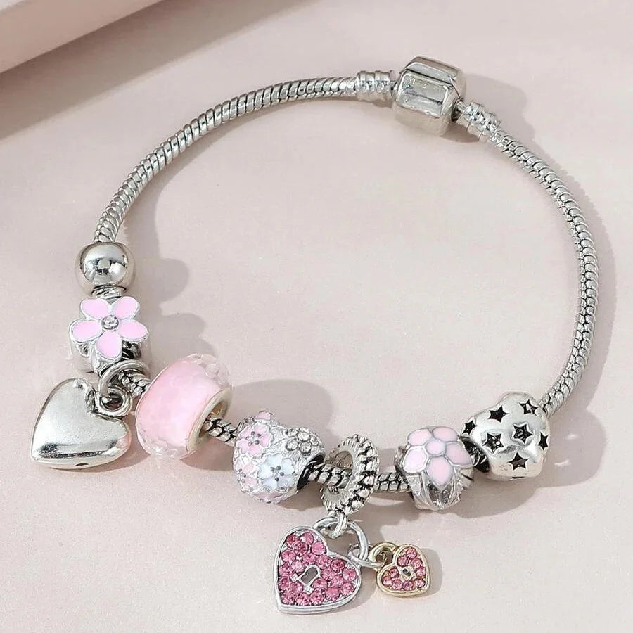 Obega Love Heart Flower Glass Pendant Bracelet – Classic Pink & White Crystal Stone, Adjustable Bead, Silver/Gold Color
