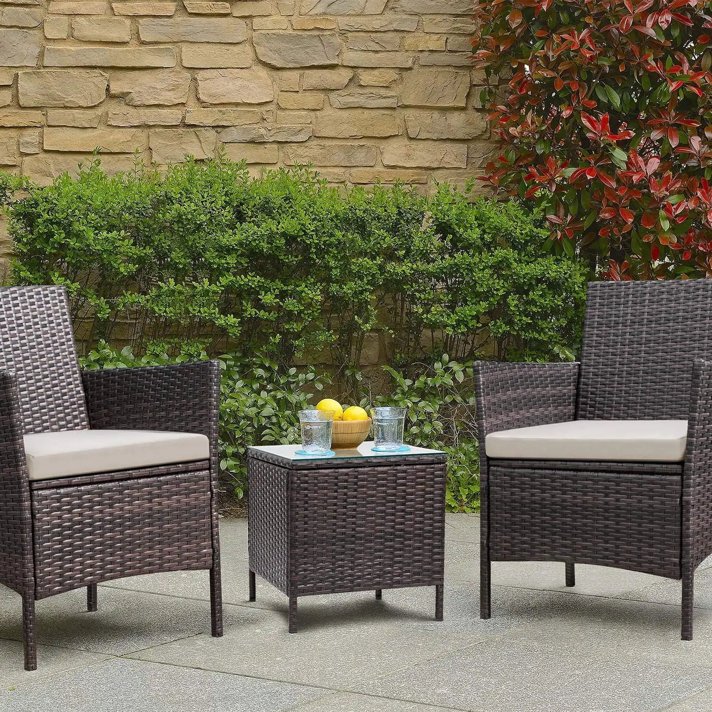 3-Piece Outdoor Patio Furniture Set – PE Rattan Wicker Bar Table & Chairs with Cushions & Tempered Glass, Brown/Beige