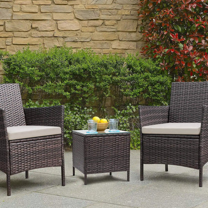 3-Piece Outdoor Patio Furniture Set – PE Rattan Wicker Bar Table & Chairs with Cushions & Tempered Glass, Brown/Beige