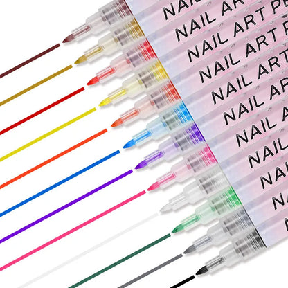 12-Piece Colorful Waterproof Nail Art Pens – DIY 3D Manicure Drawing Pens for Abstract Line Painting and Nail Design