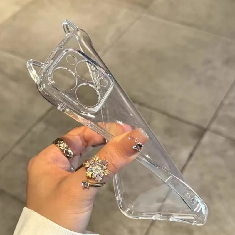 3D Hollow Cat Ears Clear Phone Case – Shockproof Airbag Cover for iPhone 11–17 Pro Max, XS/XR/X – Cute Protective Case