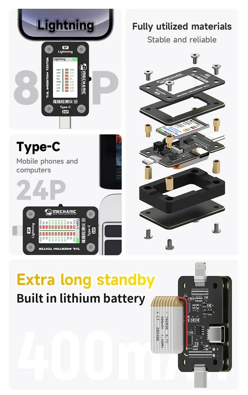 MECHANIC T-824 SE Tail Insertion Tester – Type-C & Lightning Interface Detector for Phone Repair Tools