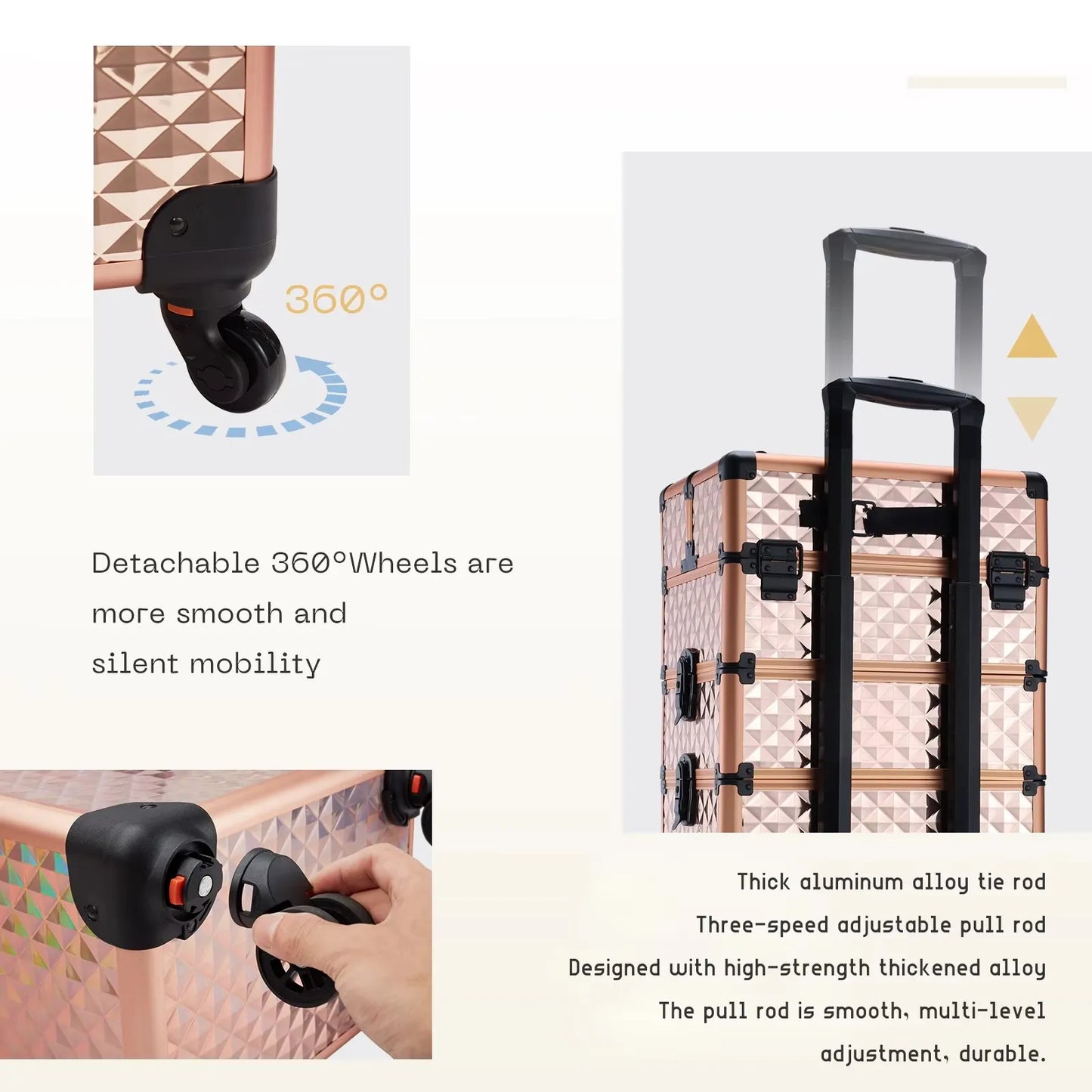Makeup Trolley Case 4-in-1 — Detachable Alloy Train Briefcase with Wheels, Lockable Large Capacity Storage for Nail Manicure Salon