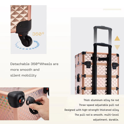 Makeup Trolley Case 4-in-1 — Detachable Alloy Train Briefcase with Wheels, Lockable Large Capacity Storage for Nail Manicure Salon