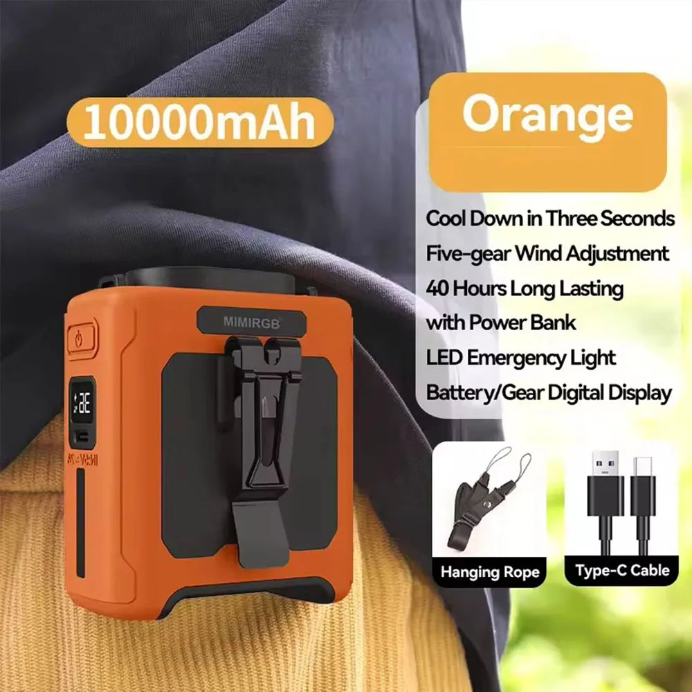 10000mAh Waist Clip Fan with Power Bank – Portable Hands-Free Rechargeable Fan | 5-Speed Cooling, Battery Display, USB Charging, Outdoor Wearable Fan