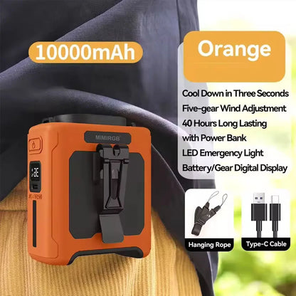 10000mAh Waist Clip Fan with Power Bank – Portable Hands-Free Rechargeable Fan | 5-Speed Cooling, Battery Display, USB Charging, Outdoor Wearable Fan