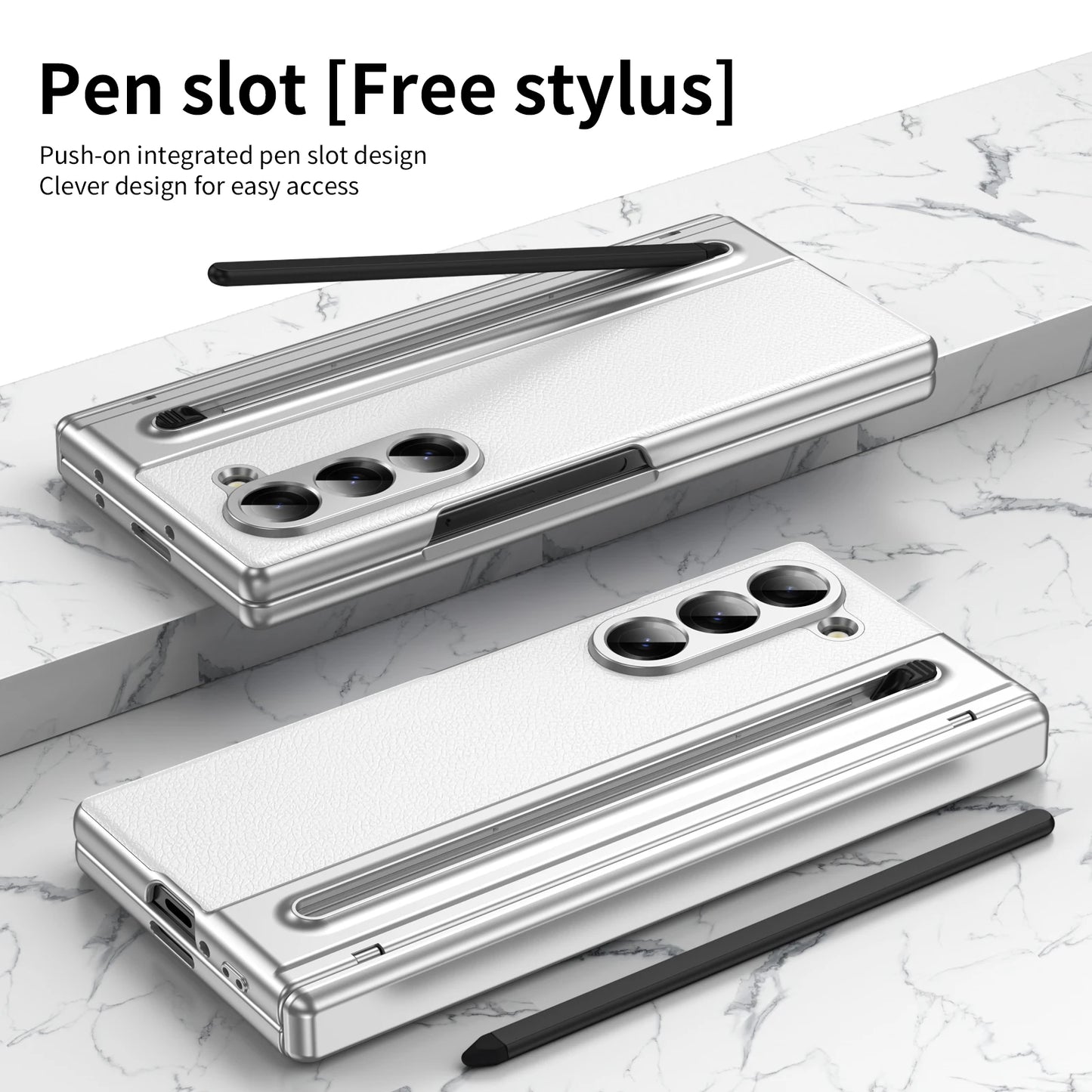 Slim Leather Case with Touch Pen for Samsung Galaxy Z Fold 6/5/W25/4/3 – Plated Hinge & Full Screen Protector Cover