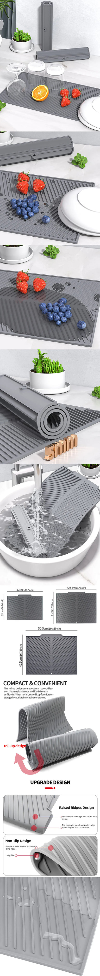 Silicone Draining Board Mat | Folding Drying Pad with Raised Edges for Kitchen Pots & Cups | S/M/L Sizes
