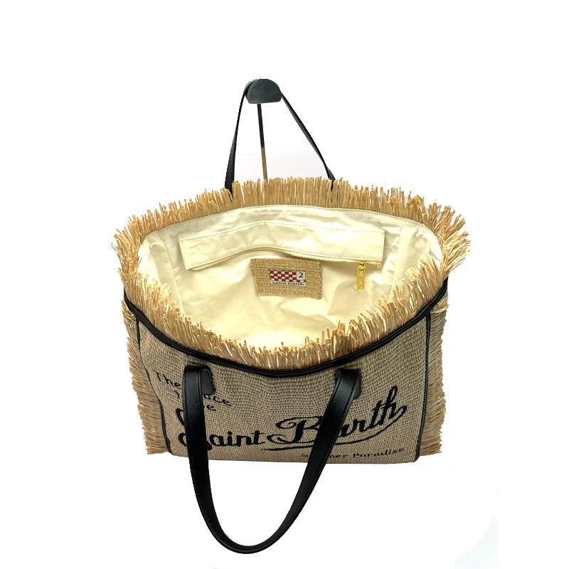 SAINT BARTH Autumn Winter Plush Towel Bag – Women’s Large Capacity Striped Casual Handbag with Tassel