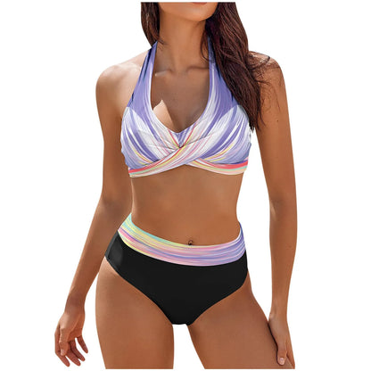 Floral Colour Block High Waist Bikini – Women's Two-Piece Swimsuit Teen Beachwear 2024 Trend