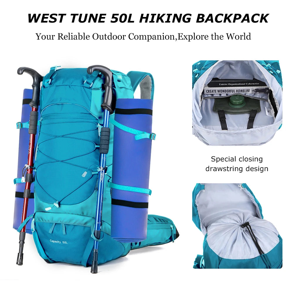 WESTTUNE 50L Hiking Backpack - Multifunctional Mountaineering Bag with Rain Cover for Travel, Trekking, and Camping