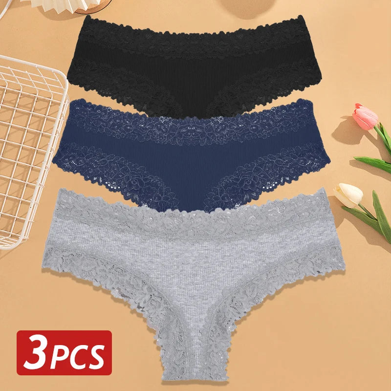 3PCS Women’s Cotton Lace Panties Set - Low Waist Brazilian Bikini Underwear Soft Floral Lingerie T-Back Style