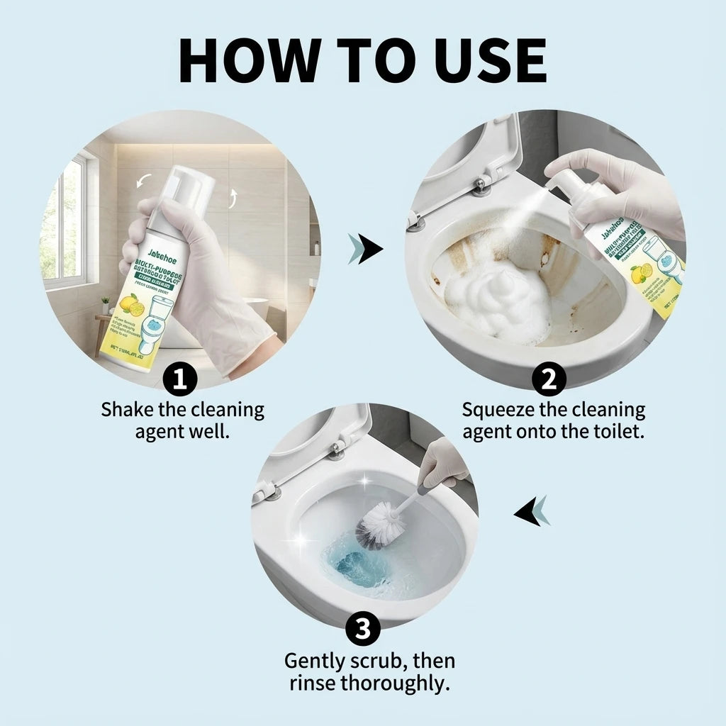 Multi-Purpose Bathroom Cleaner Spray – Active Foam Toilet Deodorizer, Limescale Remover for Tile & Grout with Lemon Fragrance