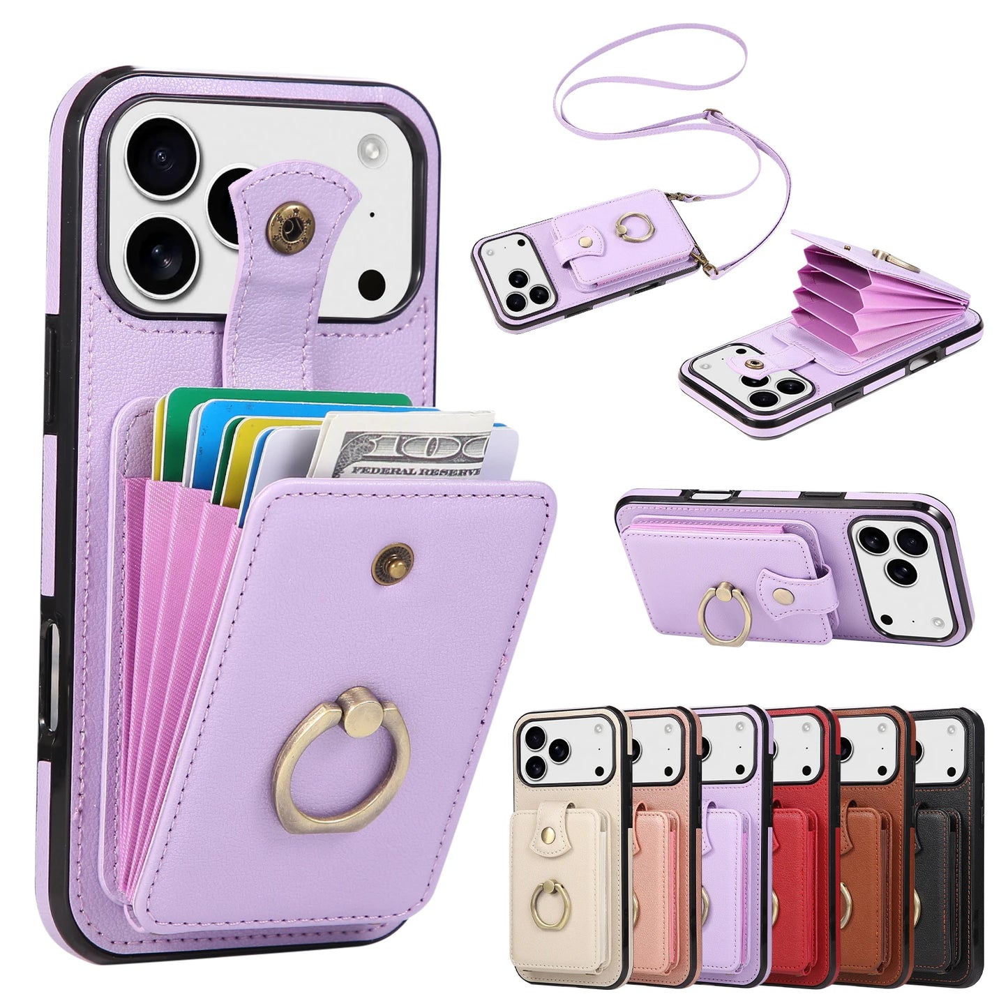 Leather Crossbody Wallet Phone Case with Zipper Card Slots – Lanyard Ring Holder Cover for iPhone 17/16/15/14/13/12/11 Pro Max & Plus