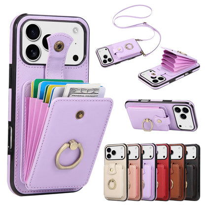 Leather Crossbody Wallet Phone Case with Zipper Card Slots – Lanyard Ring Holder Cover for iPhone 17/16/15/14/13/12/11 Pro Max & Plus