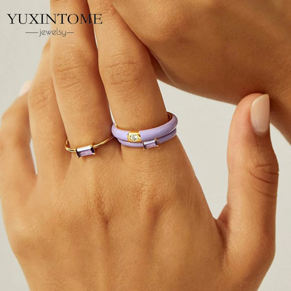 24K Gold-Plated & Silver Enamel Ring – Slim Round Women's Luxury Zircon CZ Ring in Green, Purple, Pink for Wedding & Anniversary