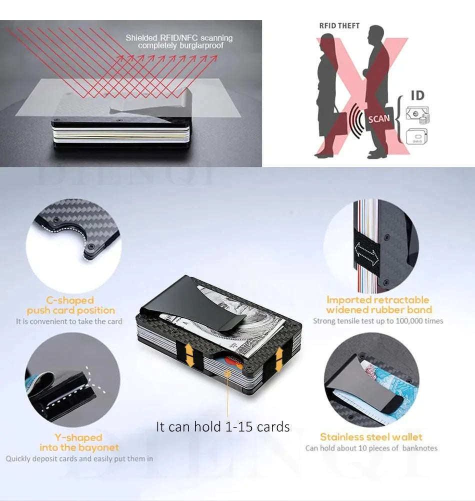 RFID Carbon Fiber Metal Wallet for Men – Slim Minimalist Card Holder, Thin Small Money Clip Purse