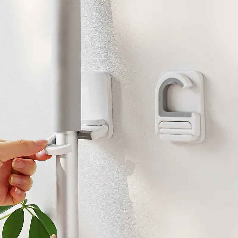 Self-Adhesive Wall Mount Broom Mop Clip Holder - Kitchen & Bathroom Storage Organizer Rack for Brooms, Brushes, and Mops - Multi-Purpose Hook
