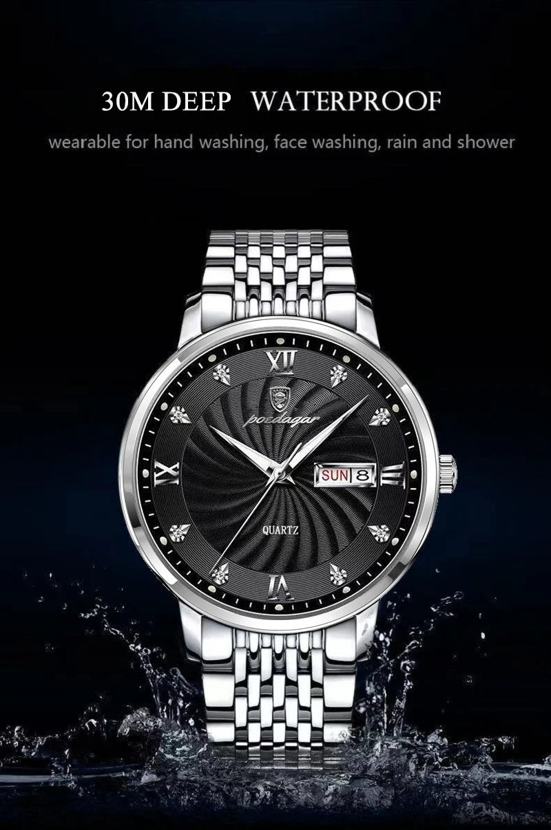 POEDAGAR Luxury Men's Watch — Waterproof Luminous Quartz Wristwatch with Date & Week, Stainless Steel Sports Fashion