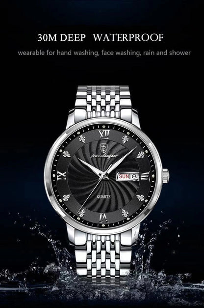 POEDAGAR Luxury Men's Watch — Waterproof Luminous Quartz Wristwatch with Date & Week, Stainless Steel Sports Fashion