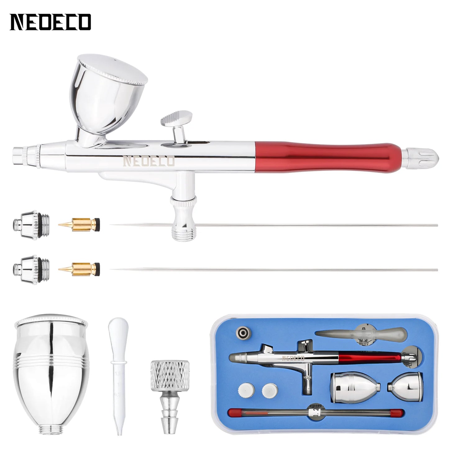 Dual-Action Airbrush with Auto-Centering Nozzle, 7cc/13cc Cups, 0.2/0.3/0.5mm Needles for Modeling, Makeup, Nail Art & Painting