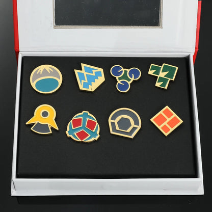Pokemon Gym Badges Pin Set — Kanto, Johto, Hoenn, Sinnoh, Unova, Kalos & Orange Islands League Brooches with Box, Pocket Monster Collection