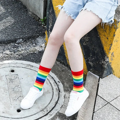 Rainbow Striped Women’s Socks — Elastic Long Sporty Retro Harajuku Meias, New Arrival