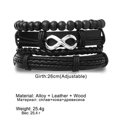4Pcs Men's Braided Leather Bracelets Set – Vintage Life Tree & Rudder Charms, Wood Beads, Ethnic Tribal Wristbands