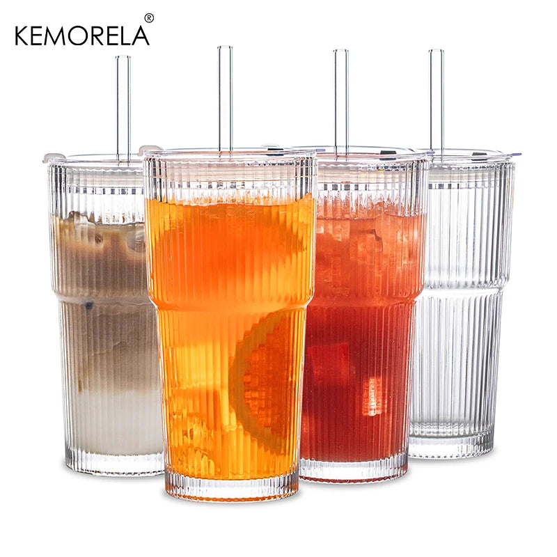 600ML Striped Glass Coffee Cup with Lid and Straw – Transparent Drinking Glasses for Juice, Milk, Tea | Iced Coffee Mug Drinkware