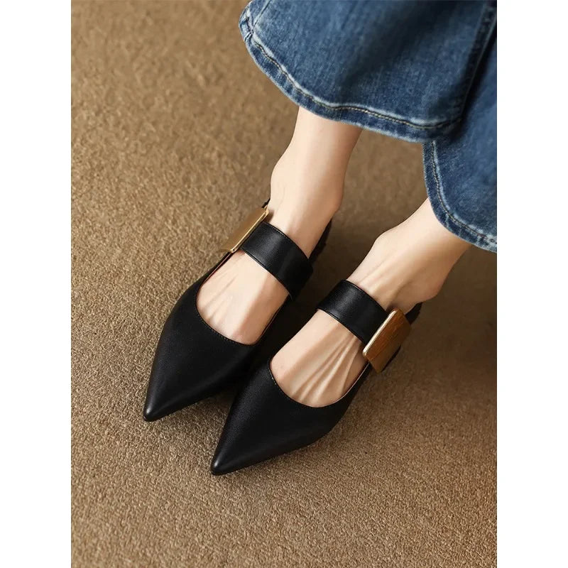 2023 Spring Women’s Suede High Thick Heel Pumps – Black & Apricot Square Toe with Metal Decoration, Elegant Lady Shoes