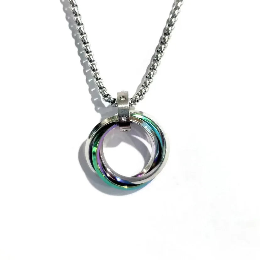 Men’s Hip Hop Three Ring Necklace – Titanium Steel Red Pendant, Fade Resistant Statement Jewelry