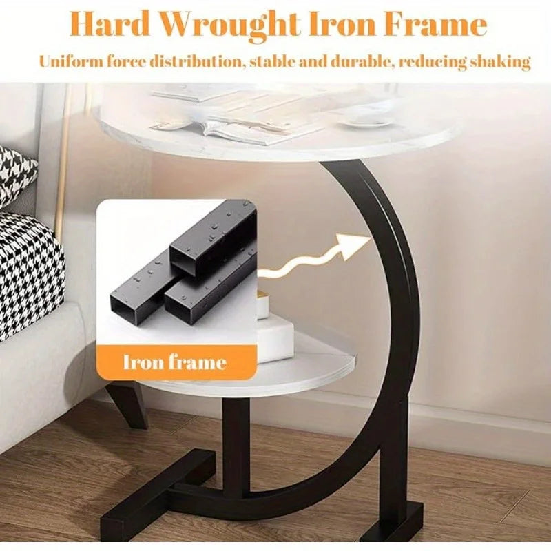 Modern Iron & Wood Side Table with White Marble Top – Storage Shelf, Space-Saving Nightstand for Bedroom & Living Room