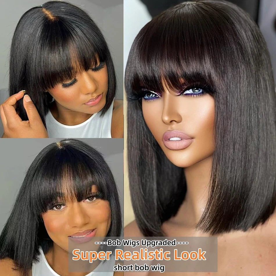 3-in-1 Middle Part Bob Lace Wig — Straight Short Human Hair with Bangs, Machine Made for Women