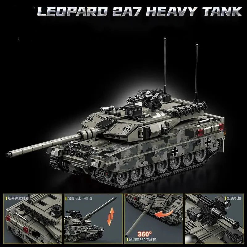 Military Tank Building Blocks Set - Leopard 2A7 Heavy Tank Model Bricks Toy for Boys, Adults & Christmas Gifts