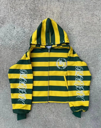 Men's Striped Zip-Up Hoodie - Retro American Streetwear Sweatshirt with Rivet Details