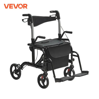 VEVOR 2-in-1 Rollator Walker & Transport Chair – Folding Aluminum Mobility Walker and Wheelchair Combo for Seniors