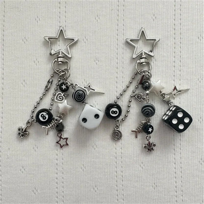 Handmade Rockstar GF Black & White Dice Keychains – Edgy Grunge Y2K Beaded Jewelry, Emo Bag Pendant Accessory