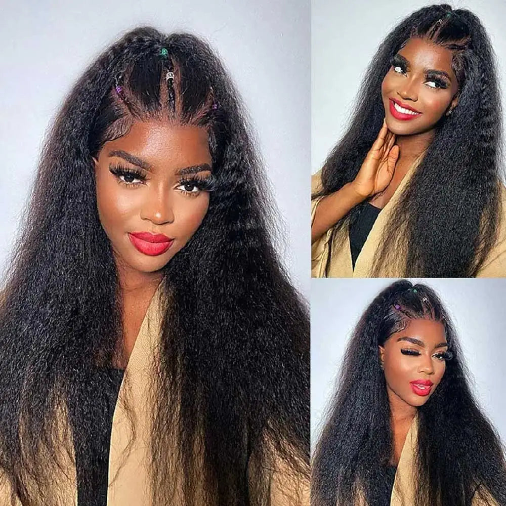 30 Inch 360 Lace Glueless Human Hair Wig - Invisible Strap Kinky Straight Full HD Lace Front Drawstring Wig