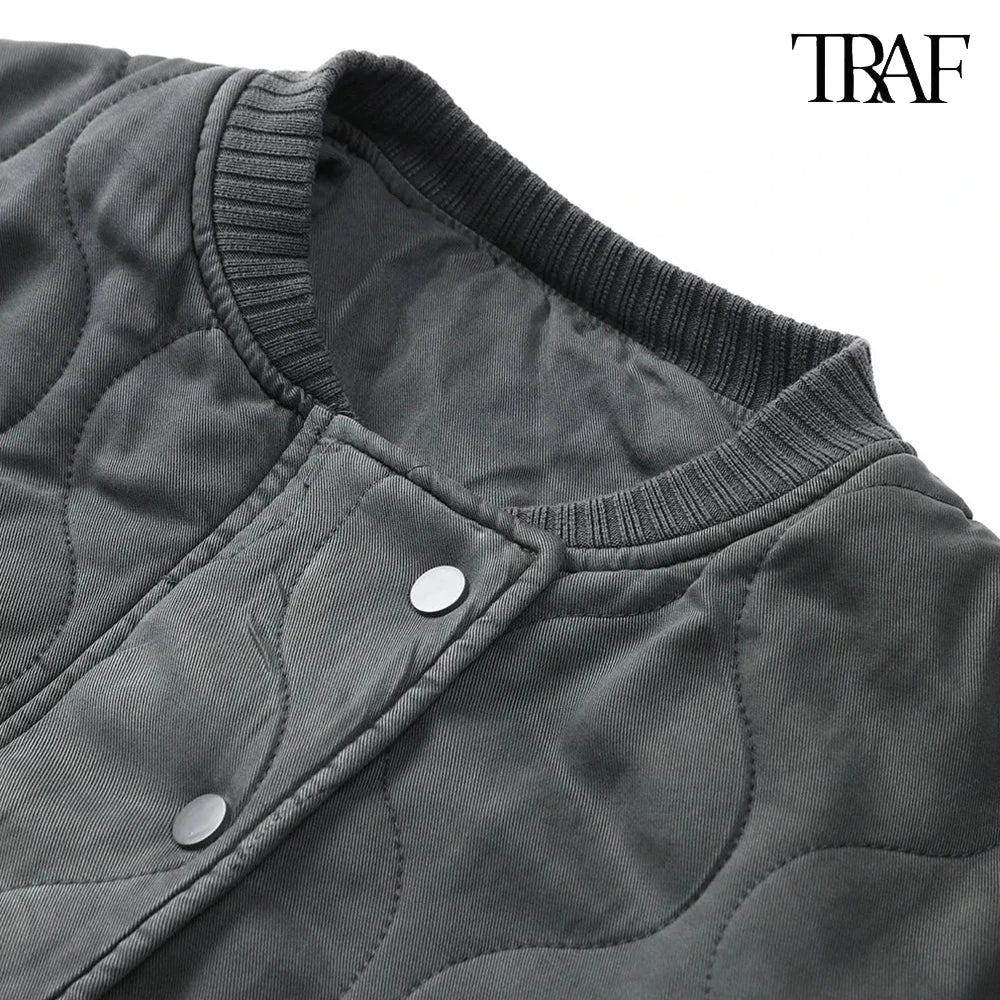 TRAF Women’s Quilted Aviator Jacket – Solid Color Round Collar Long Sleeve Casual Coat
