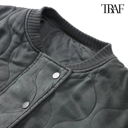 TRAF Women’s Quilted Aviator Jacket – Solid Color Round Collar Long Sleeve Casual Coat