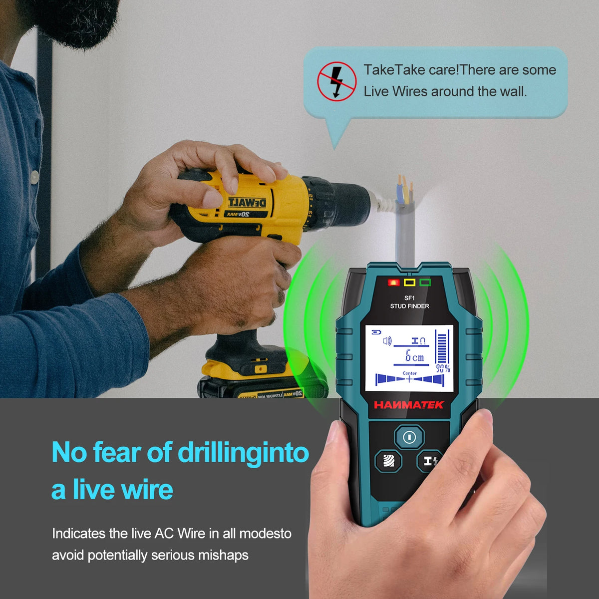HANMATEK SF1 Stud Finder - Wall Scanner for Wood Studs, Metal & Live Wire Detection with Depth Measurement