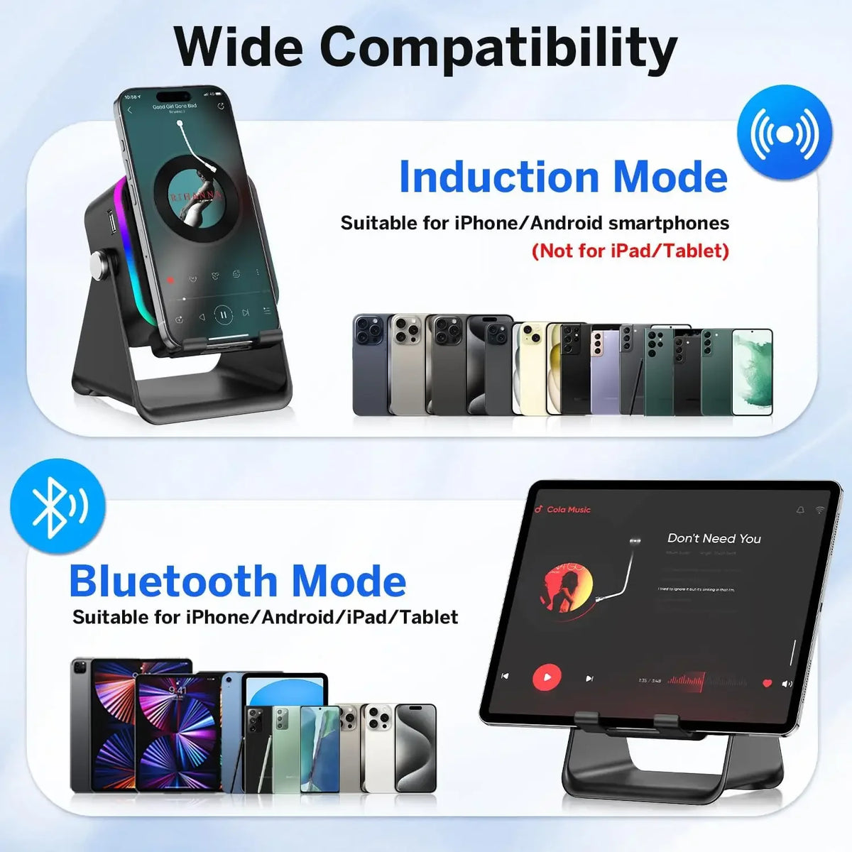 5-in-1 Wireless Charging Speaker Phone Holder - HiFi Bluetooth Desktop Stand with 8 RGB Modes