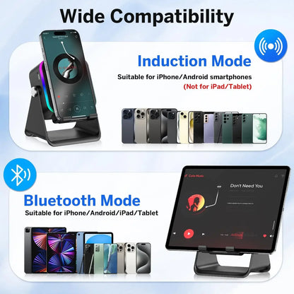 5-in-1 Wireless Charging Speaker Phone Holder - HiFi Bluetooth Desktop Stand with 8 RGB Modes