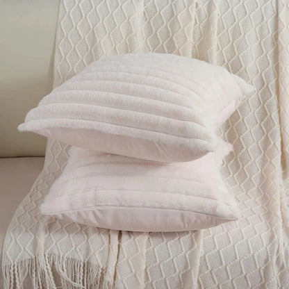 Faux Rabbit Fur Square Cushion Cover – Thick Striped Super Soft Solid Color Pillow, 45x45cm Sofa Decor